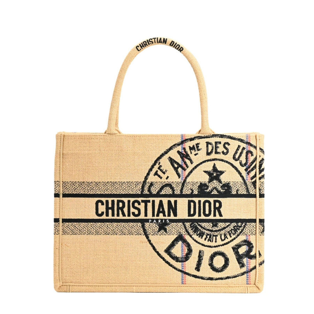 Christian Dior Book Tote beige embroidered jute canvas logo Tan